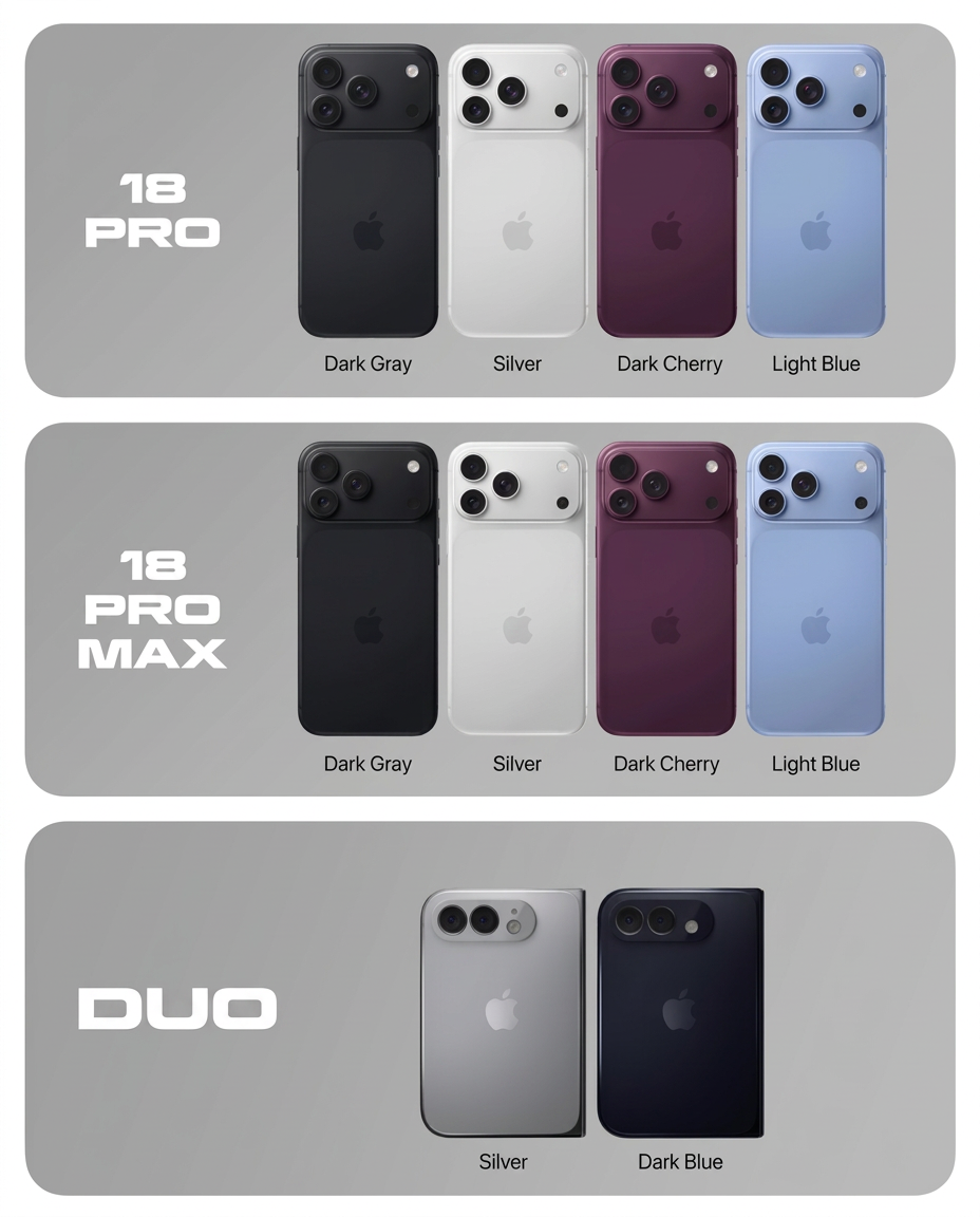 Modelos iPhone 18 Pro, Pro Max e iPhone Duo com as cores disponíveis